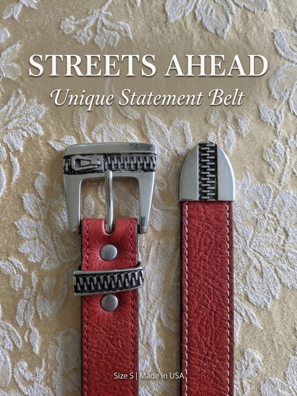 Streets Ahead Rust Red Leather Belt Silver Zipper Buckle Tip Size Made in USA